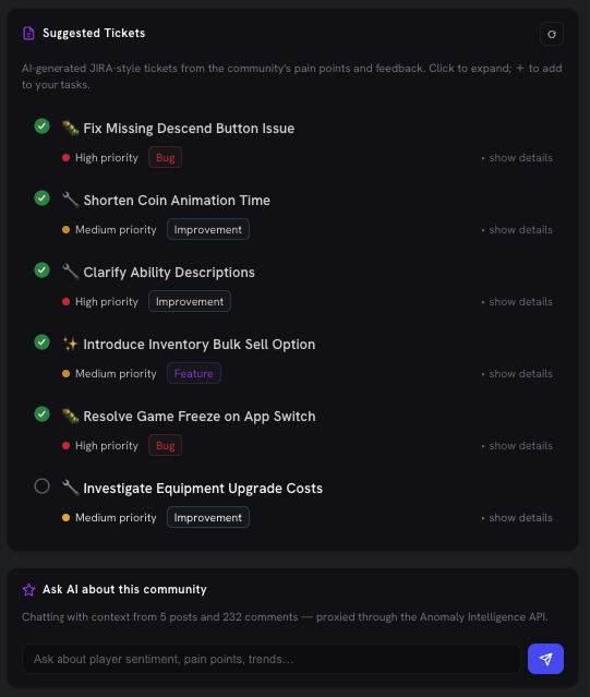 Suggested Tickets generated from community pain points, with priority and type